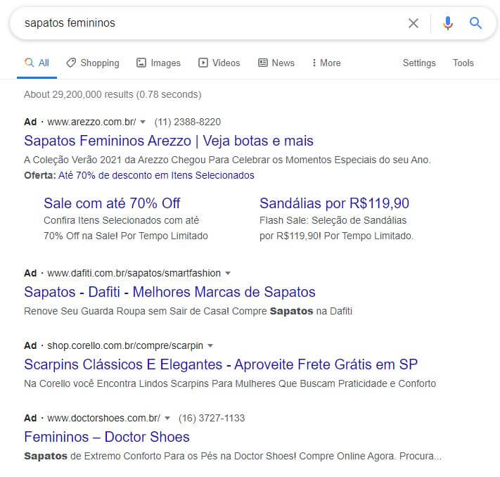 Exemplo de campanha de Google Ads para a palavra-chave "sapatos femininos"